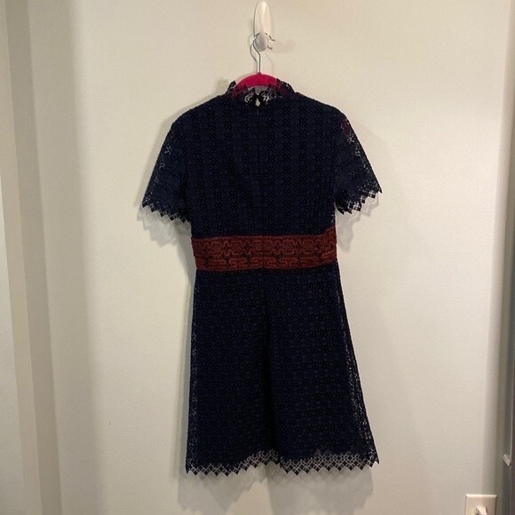 Sandro “Danny” Navy Blue and red dress in contrasting lace and lurex 3/L - Picture 7 of 7